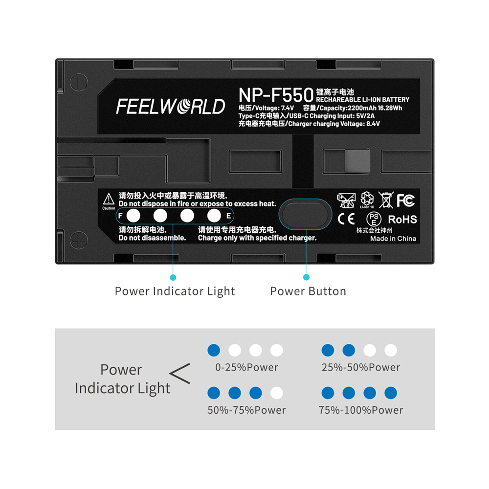 Batería Feelworld NP-550 con Carga USB-C (2200 mAh, Serie L)